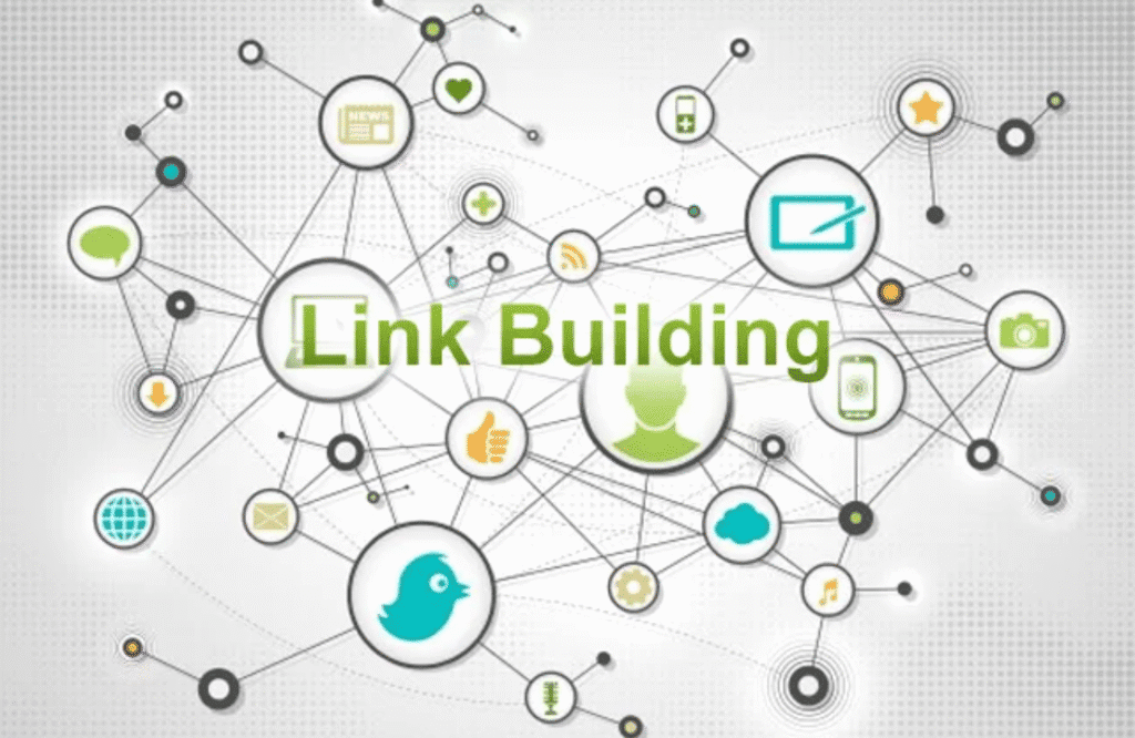 Ilustração de link building com conexões entre sites, redes sociais e plataformas digitais.