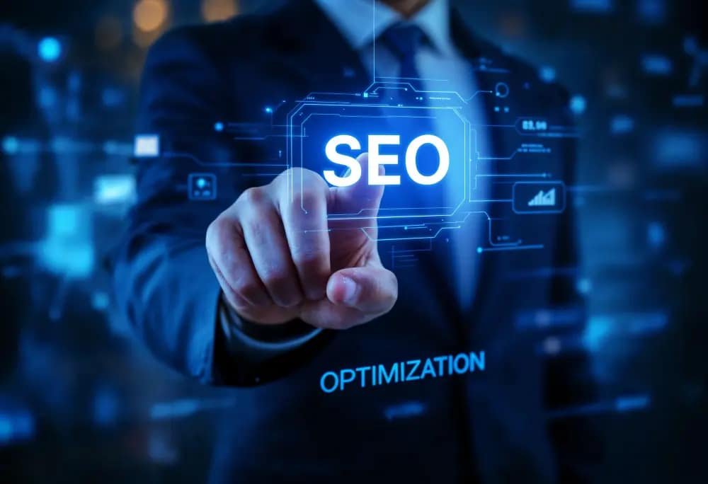 Pilha de computadores apresentando elementos de otimização técnica de SEO, como gráficos de desempenho e códigos de site.