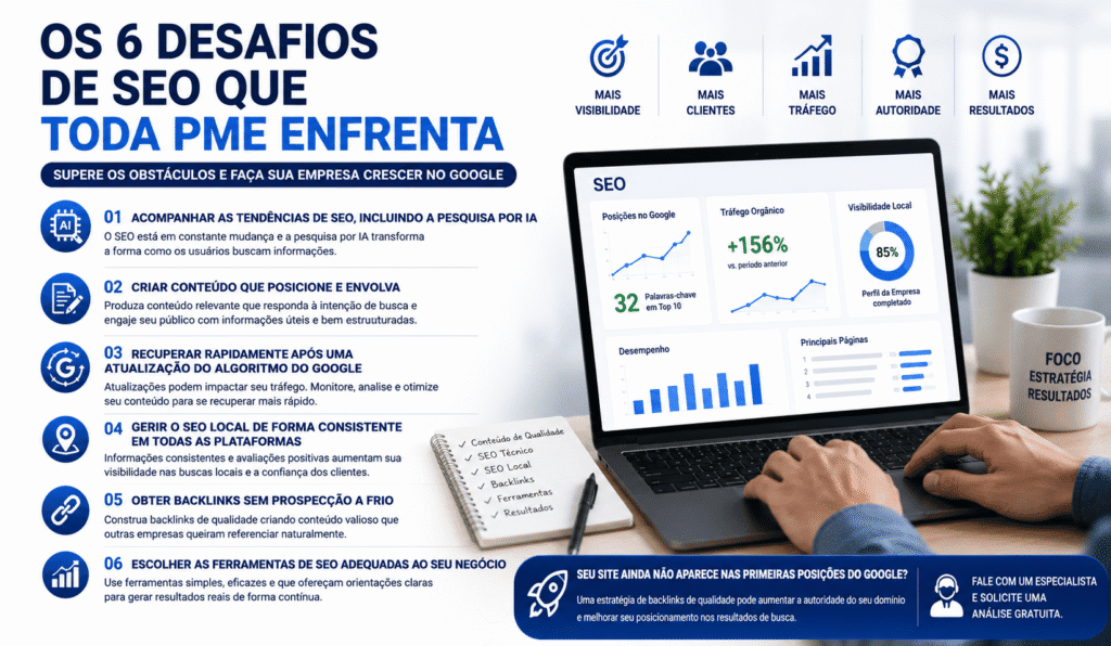 Os seis principais desafios de SEO enfrentados por pequenas e médias empresas para melhorar a visibilidade no Google.