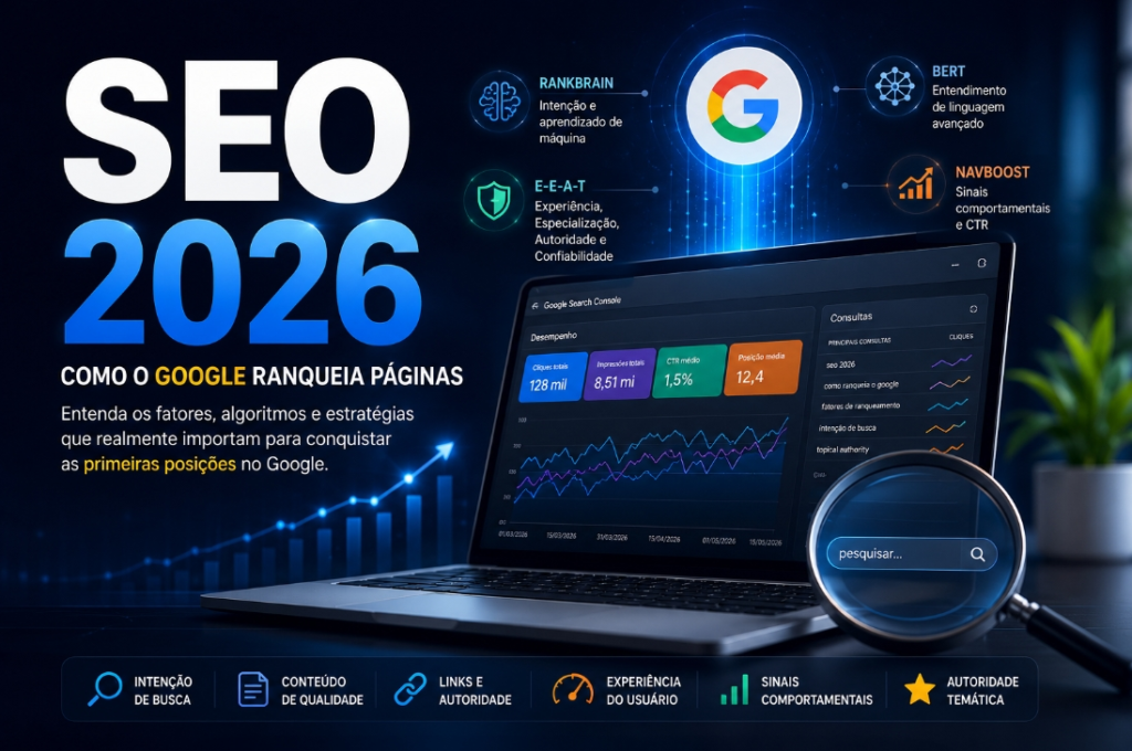 Gráfico ilustrativo sobre o ranqueamento de páginas pelo Google em 2026, mostrando a evolução das estratégias de SEO.