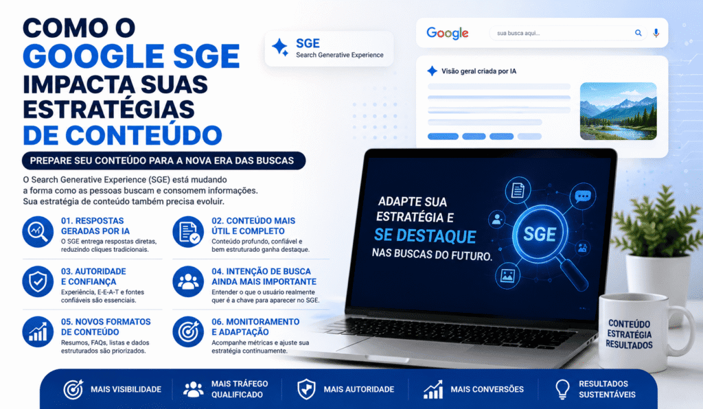 Como o Google SGE impacta as estratégias de conteúdo e o SEO com inteligência artificial nas pesquisas.